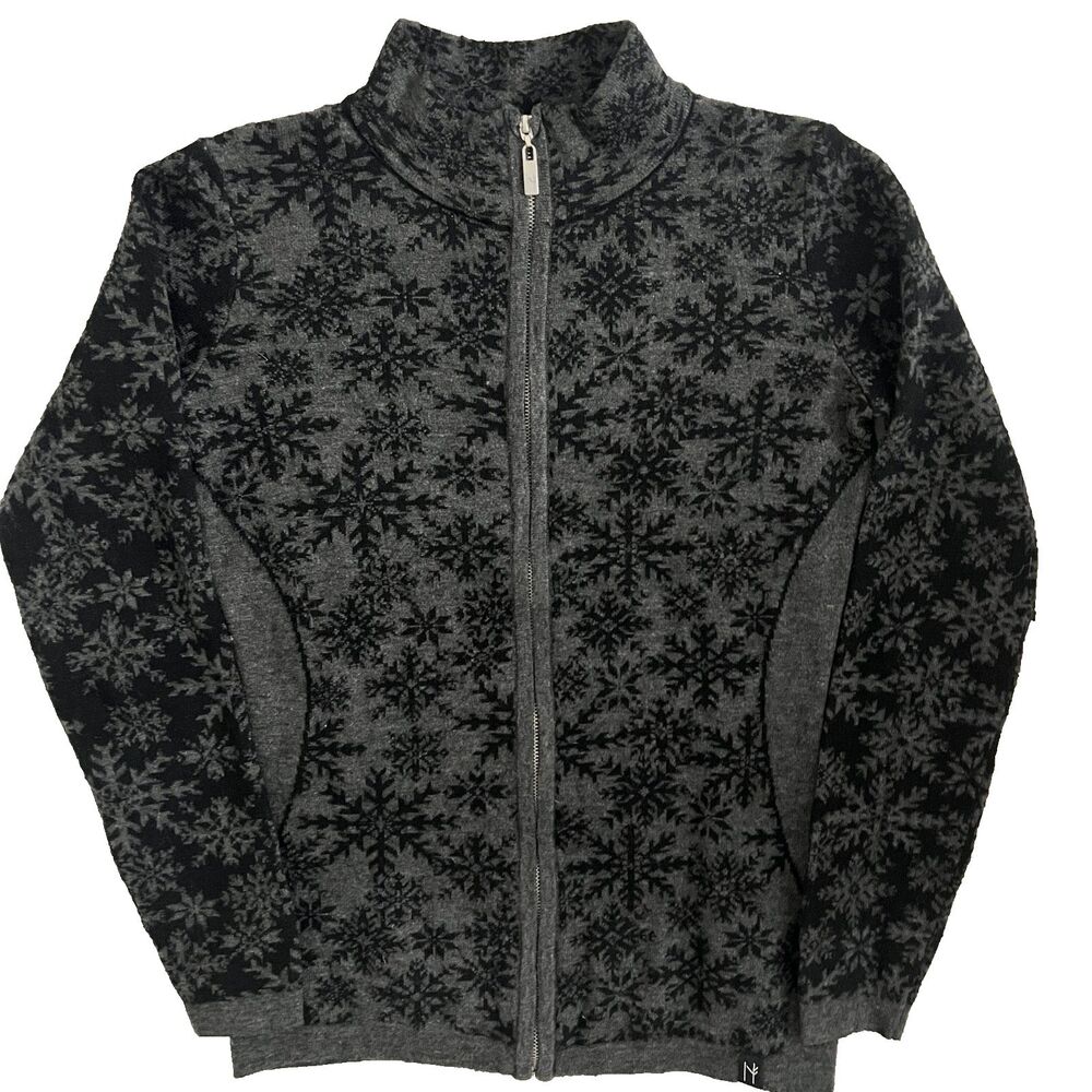 Neve Designs Sweater S Black Gray Snowflake Wool Blend Full Zip